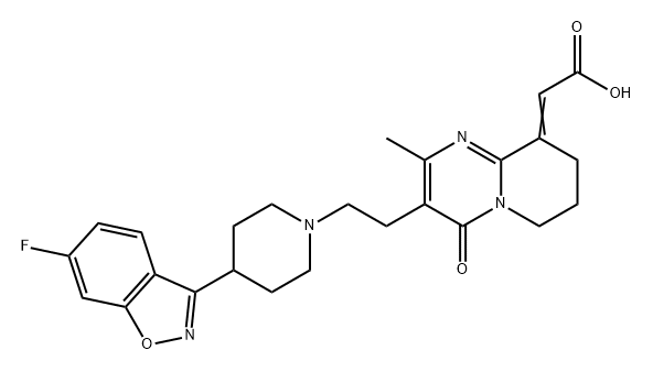 Acetic acid, 2-[3-[2-[4-(6-fluoro-1,2-benzisoxazol-3-yl)-1-piperidinyl]ethyl]-7,8-dihydro-2-methyl-4-oxo-4H-pyrido[1,2-a]pyrimidin-9(6H)-ylidene]- Struktur