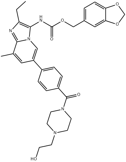 Carbamic acid, N-[2-ethyl-6-[4-[[4-(2-hydroxyethyl)-1-piperazinyl]carbonyl]phenyl]-8-methylimidazo[1,2-a]pyridin-3-yl]-, 1,3-benzodioxol-5-ylmethyl ester Structure