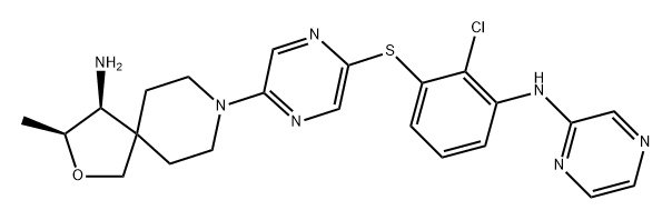 2-Oxa-8-azaspiro[4.5]decan-4-amine, 8-[5-[[2-chloro-3-(2-pyrazinylamino)phenyl]thio]-2-pyrazinyl]-3-methyl-, (3S,4S)- Struktur