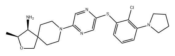 2-Oxa-8-azaspiro[4.5]decan-4-amine, 8-[5-[[2-chloro-3-(1-pyrrolidinyl)phenyl]thio]-2-pyrazinyl]-3-methyl-, (3S,4S)- Struktur