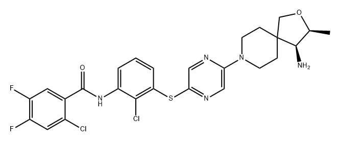 Benzamide, N-[3-[[5-[(3S,4S)-4-amino-3-methyl-2-oxa-8-azaspiro[4.5]dec-8-yl]-2-pyrazinyl]thio]-2-chlorophenyl]-2-chloro-4,5-difluoro- Struktur