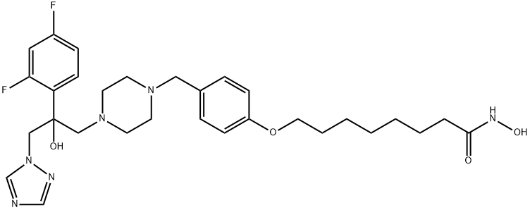 Octanamide, 8-[4-[[4-[2-(2,4-difluorophenyl)-2-hydroxy-3-(1H-1,2,4-triazol-1-yl)propyl]-1-piperazinyl]methyl]phenoxy]-N-hydroxy- Struktur