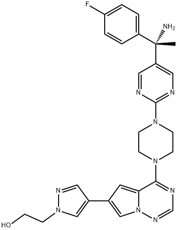 (S)-2-(4-(4-(4-(5-(1-amino-1-(4-fluorophenyl)ethyl)pyrimidin-2-yl)piperazin-1-yl)pyrrolo[2,1-f][1,2,4]triazin-6-yl)-1H-pyrazol-1-yl)ethan-1-ol Struktur