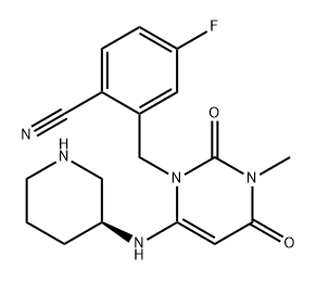 Benzonitrile, 2-[[3,4-dihydro-3-methyl-2,4-dioxo-6-[(3S)-3-piperidinylamino]-1(2H)-pyrimidinyl]methyl]-4-fluoro- Struktur