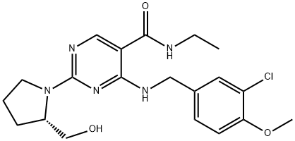 5-Pyrimidinecarboxamide, 4-[[(3-chloro-4-methoxyphenyl)methyl]amino]-N-ethyl-2-[(2S)-2-(hydroxymethyl)-1-pyrrolidinyl]- Struktur