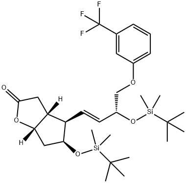 2H-Cyclopenta[b]furan-2-one, 5-[[(1,1-dimethylethyl)dimethylsilyl]oxy]-4-[(1E,3R)-3-[[(1,1-dimethylethyl)dimethylsilyl]oxy]-4-[3-(trifluoromethyl)phenoxy]-1-buten-1-yl]hexahydro-, (3aR,4R,5S,6aS)- Struktur