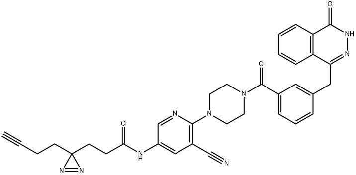 3H-Diazirine-3-propanamide, 3-(3-butyn-1-yl)-N-[5-cyano-6-[4-[3-[(3,4-dihydro-4-oxo-1-phthalazinyl)methyl]benzoyl]-1-piperazinyl]-3-pyridinyl]- Struktur