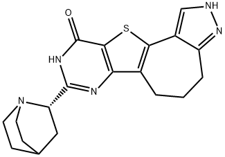 Pyrazolo[4'',3'':3',4']cyclohepta[1',2':4,5]thieno[3,2-d]pyrimidin-10(9H)-one, 8-(2S)-1-azabicyclo[2.2.2]oct-2-yl-2,4,5,6-tetrahydro- Struktur