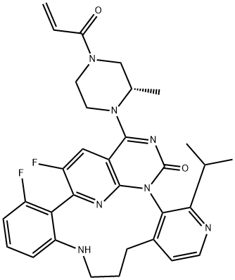 1,18-Etheno-4H-pyrido[4,3-e]pyrimido[1,6-g][1,7,9]benzotriazacyclododecin-4-one, 17,20-difluoro-10,11,12,13-tetrahydro-6-(1-methylethyl)-2-[(2S)-2-methyl-4-(1-oxo-2-propen-1-yl)-1-piperazinyl]- Structure