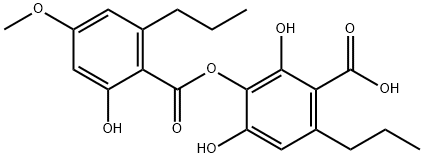 Benzoic acid, 2,4-dihydroxy-3-[(2-hydroxy-4-methoxy-6-propylbenzoyl)oxy]-6-propyl- Struktur