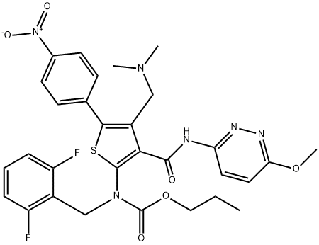 Carbamic acid, N-[(2,6-difluorophenyl)methyl]-N-[4-[(dimethylamino)methyl]-3-[[(6-methoxy-3-pyridazinyl)amino]carbonyl]-5-(4-nitrophenyl)-2-thienyl]-, propyl ester Struktur