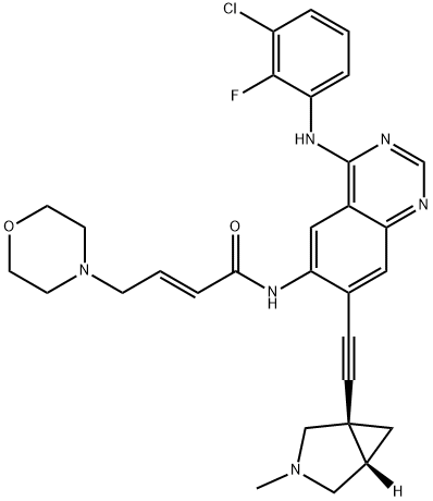 2-Butenamide, N-[4-[(3-chloro-2-fluorophenyl)amino]-7-[2-[(1R,5S)-3-methyl-3-azabicyclo[3.1.0]hex-1-yl]ethynyl]-6-quinazolinyl]-4-(4-morpholinyl)-, (2E)- Struktur