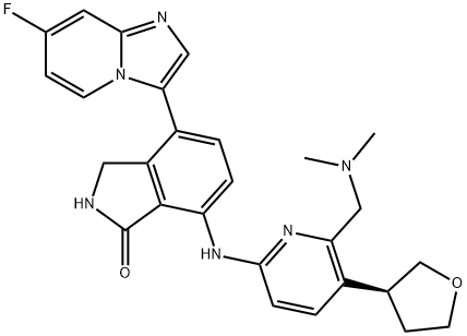 1H-Isoindol-1-one, 7-[[6-[(dimethylamino)methyl]-5-[(3S)-tetrahydro-3-furanyl]-2-pyridinyl]amino]-4-(7-fluoroimidazo[1,2-a]pyridin-3-yl)-2,3-dihydro- Struktur