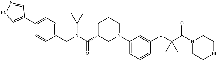 3-Piperidinecarboxamide, N-cyclopropyl-1-[3-[1,1-dimethyl-2-oxo-2-(1-piperazinyl)ethoxy]phenyl]-N-[[4-(1H-pyrazol-4-yl)phenyl]methyl]-, (3R)- Struktur