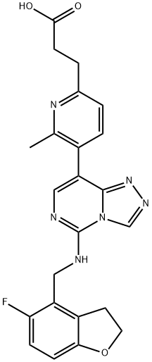 2-Pyridinepropanoic acid, 5-[5-[[(5-fluoro-2,3-dihydro-4-benzofuranyl)methyl]amino]-1,2,4-triazolo[4,3-c]pyrimidin-8-yl]-6-methyl- Struktur