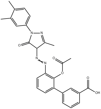 (Z)-2'-acetoxy-3'-(2-(1-(3,4-dimethylphenyl)-3-methyl-5-oxo-1H-pyrazol-4(5H)-ylidene)hydrazinyl)-[1,1'-biphenyl]-3-carboxylic acid Struktur