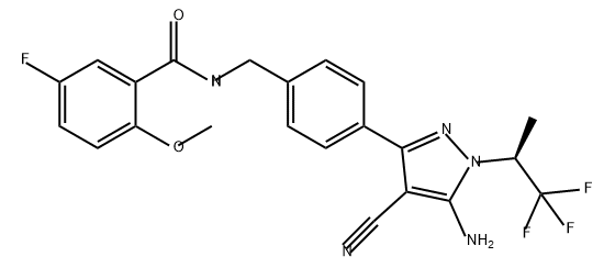 Benzamide, N-[[4-[5-amino-4-cyano-1-[(1S)-2,2,2-trifluoro-1-methylethyl]-1H-pyrazol-3-yl]phenyl]methyl]-5-fluoro-2-methoxy- Struktur