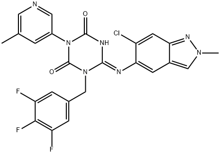 1,3,5-Triazine-2,4(1H,3H)-dione, 6-[(6-chloro-2-methyl-2H-indazol-5-yl)imino]dihydro-3-(5-methyl-3-pyridinyl)-1-[(3,4,5-trifluorophenyl)methyl]-, (6E)- Struktur