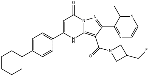 Pyrazolo[1,5-a]pyrimidin-7(4H)-one, 5-(4-cyclohexylphenyl)-3-[[3-(fluoromethyl)-1-azetidinyl]carbonyl]-2-(3-methyl-2-pyrazinyl)- Struktur