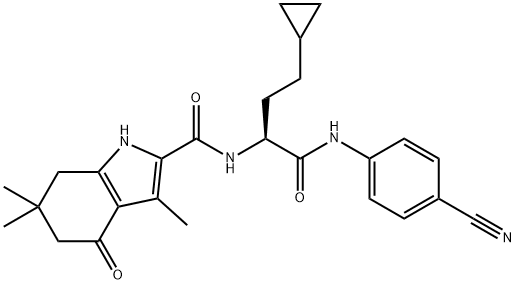 1H-Indole-2-carboxamide, N-[(1S)-1-[[(4-cyanophenyl)amino]carbonyl]-3-cyclopropylpropyl]-4,5,6,7-tetrahydro-3,6,6-trimethyl-4-oxo- Struktur