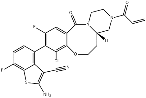 Benzo[b]thiophene-3-carbonitrile, 2-amino-4-[(4aS)-8-chloro-10-fluoro-2,3,4,4a,5,6-hexahydro-12-oxo-3-(1-oxo-2-propen-1-yl)-1H,12H-pyrazino[2,1-d][1,5]benzoxazocin-9-yl]-7-fluoro- Struktur