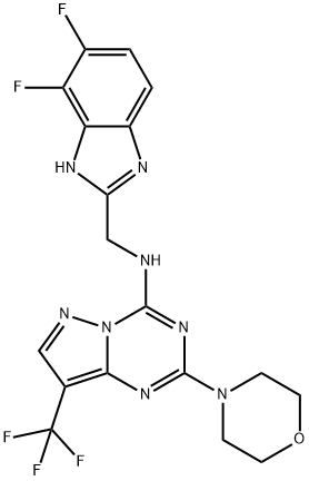 Pyrazolo[1,5-a]-1,3,5-triazin-4-amine, N-[(6,7-difluoro-1H-benzimidazol-2-yl)methyl]-2-(4-morpholinyl)-8-(trifluoromethyl)- Struktur