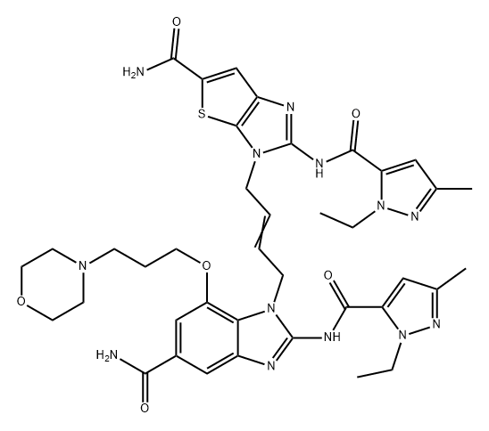 1H-Benzimidazole-5-carboxamide, 1-[4-[5-(aminocarbonyl)-2-[[(1-ethyl-3-methyl-1H-pyrazol-5-yl)carbonyl]amino]-3H-thieno[2,3-d]imidazol-3-yl]-2-buten-1-yl]-2-[[(1-ethyl-3-methyl-1H-pyrazol-5-yl)carbonyl]amino]-7-[3-(4-morpholinyl)propoxy]- Struktur