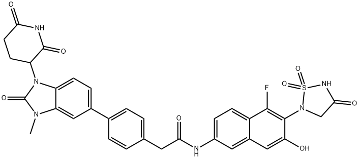 Benzeneacetamide, N-[6-(1,1-dioxido-4-oxo-1,2,5-thiadiazolidin-2-yl)-5-fluoro-7-hydroxy-2-naphthalenyl]-4-[1-(2,6-dioxo-3-piperidinyl)-2,3-dihydro-3-methyl-2-oxo-1H-benzimidazol-5-yl]- Struktur