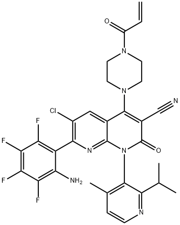 1,8-Naphthyridine-3-carbonitrile, 7-(2-amino-3,4,5,6-tetrafluorophenyl)-6-chloro-1,2-dihydro-1-[4-methyl-2-(1-methylethyl)-3-pyridinyl]-2-oxo-4-[4-(1-oxo-2-propen-1-yl)-1-piperazinyl]- Struktur