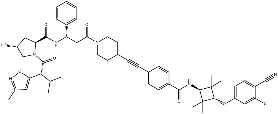 2-Pyrrolidinecarboxamide, N-[(1S)-3-[4-[2-[4-[[[trans-3-(3-chloro-4-cyanophenoxy)-2,2,4,4-tetramethylcyclobutyl]amino]carbonyl]phenyl]ethynyl]-1-piperidinyl]-3-oxo-1-phenylpropyl]-4-hydroxy-1-[(2R)-3-methyl-2-(3-methyl-5-isoxazolyl)-1-oxobutyl]-, (2S,4R)- Struktur