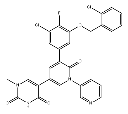 2,4(1H,3H)-Pyrimidinedione, 5-[5-[3-chloro-5-[(2-chlorophenyl)methoxy]-4-fluorophenyl]-6-oxo[1(6H),3'-bipyridin]-3-yl]-1-methyl- Struktur