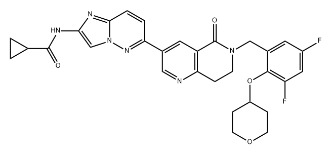 Cyclopropanecarboxamide, N-[6-[6-[[3,5-difluoro-2-[(tetrahydro-2H-pyran-4-yl)oxy]phenyl]methyl]-5,6,7,8-tetrahydro-5-oxo-1,6-naphthyridin-3-yl]imidazo[1,2-b]pyridazin-2-yl]- Struktur