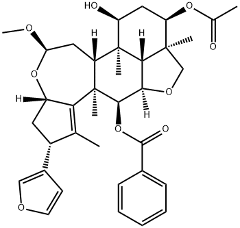 3H,5H-Cyclopent[a]isobenzofuro[7,1-gh][3]benzoxepin-7,9,12-triol, 2-(3-furanyl)-2,3a,6,6a,6b,7,8,9,9a,10,11a,11b,12,12a-tetradecahydro-5-methoxy-1,6b,9a,12a-tetramethyl-, 9-acetate 12-benzoate, (2R,3aS,5R,6aR,6bR,7S,9R,9aR,11aR,11bR,12S,12aR)- Struktur