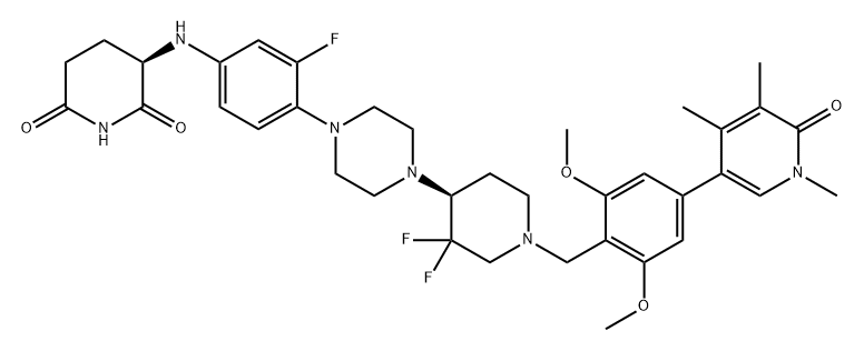 2,6-Piperidinedione, 3-[[4-[4-[(4S)-1-[[4-(1,6-dihydro-1,4,5-trimethyl-6-oxo-3-pyridinyl)-2,6-dimethoxyphenyl]methyl]-3,3-difluoro-4-piperidinyl]-1-piperazinyl]-3-fluorophenyl]amino]-, (3R)- Struktur