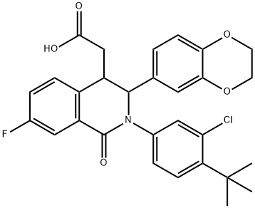 2-[3-Chloro-4-(1,1-dimethylethyl)phenyl]-3-(2,3-dihydro-1,4-benzodioxin-6-yl)-7-fluoro-1,2,3,4-tetrahydro-1-oxo-4-isoquinolineacetic acid Struktur