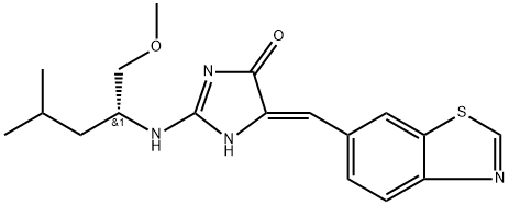 4H-Imidazol-4-one, 5-(6-benzothiazolylmethylene)-3,5-dihydro-2-[[(1R)-1-(methoxymethyl)-3-methylbutyl]amino]-, (5Z)- Struktur