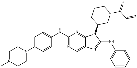 2-Propen-1-one, 1-[(3S)-3-[2-[[4-(4-methyl-1-piperazinyl)phenyl]amino]-8-(phenylamino)-9H-purin-9-yl]-1-piperidinyl]- Struktur