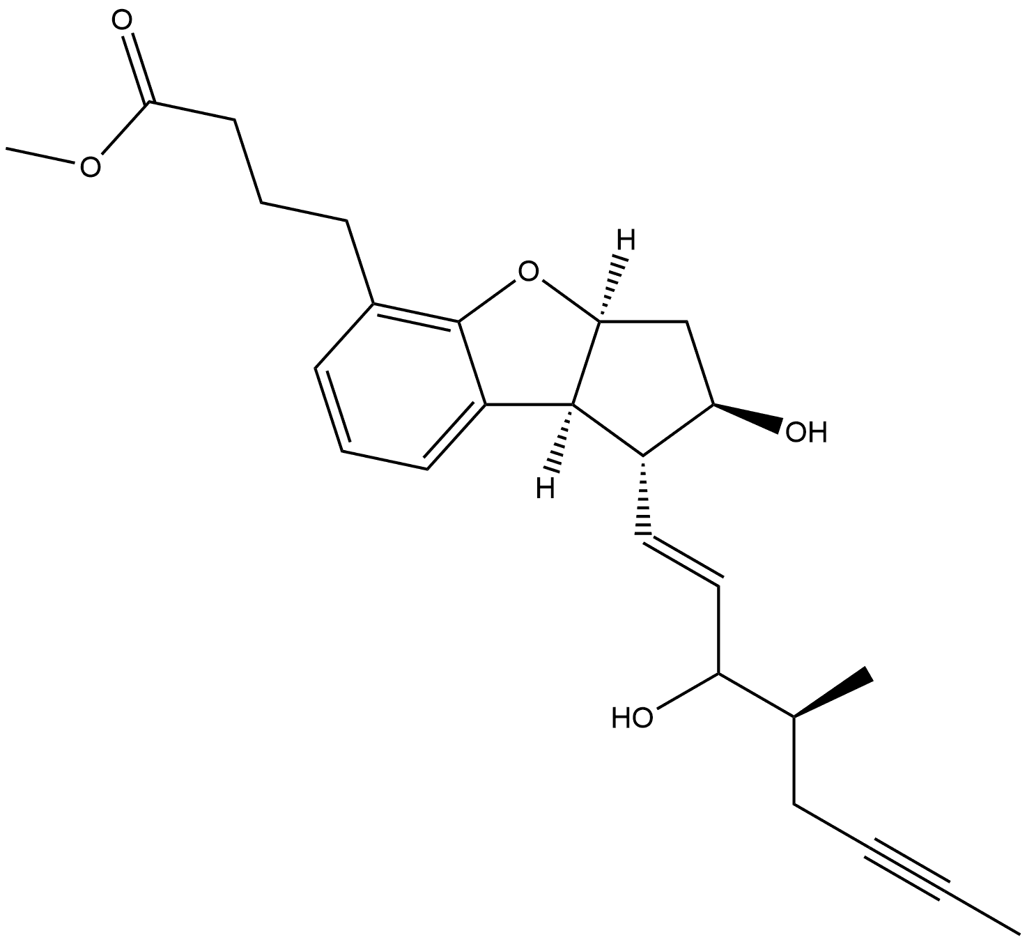 1H-Cyclopenta[b]benzofuran-5-butanoic acid, 2,3,3a,8b-tetrahydro-2-hydroxy-1-[(1E,4S,5S)-3-hydroxy-4-methyl-1-octen-6-yn-1-yl]-, methyl ester, (1R,2R,3aS,8bS)- Struktur