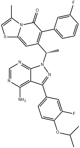 5H-Thiazolo[3,2-a]pyridin-5-one, 7-[(1S)-1-[4-amino-3-[3-fluoro-4-(1-methylethoxy)phenyl]-1H-pyrazolo[3,4-d]pyrimidin-1-yl]ethyl]-6-(3-fluorophenyl)-3-methyl- Struktur