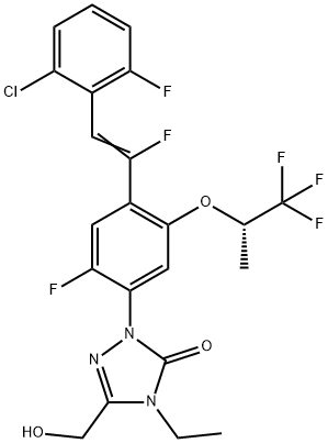 3H-1,2,4-Triazol-3-one, 2-[4-[2-(2-chloro-6-fluorophenyl)-1-fluoroethenyl]-2-fluoro-5-[(1S)-2,2,2-trifluoro-1-methylethoxy]phenyl]-4-ethyl-2,4-dihydro-5-(hydroxymethyl)- Struktur