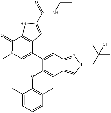 1H-Pyrrolo[2,3-c]pyridine-2-carboxamide, 4-[5-(2,6-dimethylphenoxy)-2-(2-hydroxy-2-methylpropyl)-2H-indazol-6-yl]-N-ethyl-6,7-dihydro-6-methyl-7-oxo- Struktur