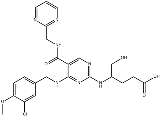 Pentanoic acid, 4-[[4-[[(3-chloro-4-methoxyphenyl)methyl]amino]-5-[[(2-pyrimidinylmethyl)amino]carbonyl]-2-pyrimidinyl]amino]-5-hydroxy- Struktur