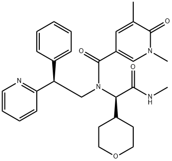 3-Pyridinecarboxamide, 1,6-dihydro-1,5-dimethyl-N-[(1R)-2-(methylamino)-2-oxo-1-(tetrahydro-2H-pyran-4-yl)ethyl]-6-oxo-N-[(2S)-2-phenyl-2-(2-pyridinyl)ethyl]- Struktur