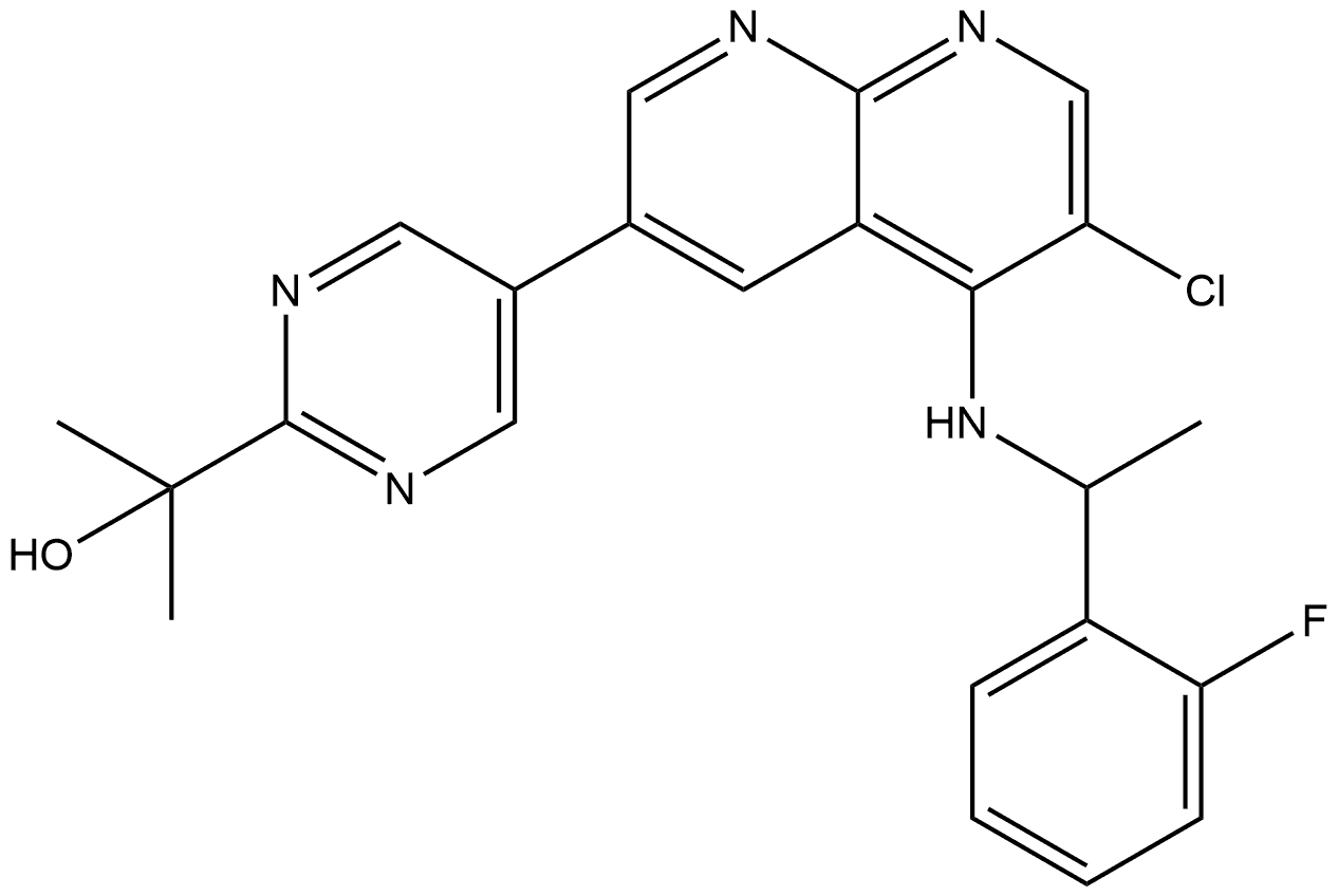 2-(5-(6-chloro-5-((1-(2-fluorophenyl)ethyl)amino)-1,8-naphthyridin-3-yl)pyrimidin-2-yl)propan-2-ol Struktur