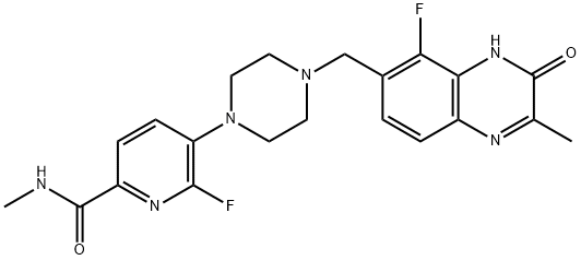 2-Pyridinecarboxamide, 6-fluoro-5-[4-[(5-fluoro-3,4-dihydro-2-methyl-3-oxo-6-quinoxalinyl)methyl]-1-piperazinyl]-N-methyl- Struktur