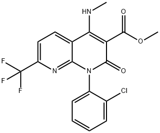 1,8-Naphthyridine-3-carboxylic acid, 1-(2-chlorophenyl)-1,2-dihydro-4-(methylamino)-2-oxo-7-(trifluoromethyl)-, methyl ester Struktur