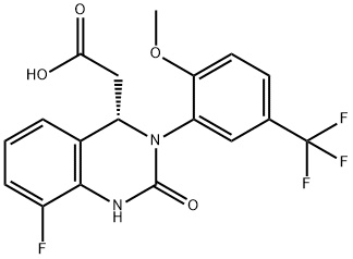 4-Quinazolineacetic acid, 8-fluoro-1,2,3,4-tetrahydro-3-[2-methoxy-5-(trifluoromethyl)phenyl]-2-oxo-, (4S)- Struktur