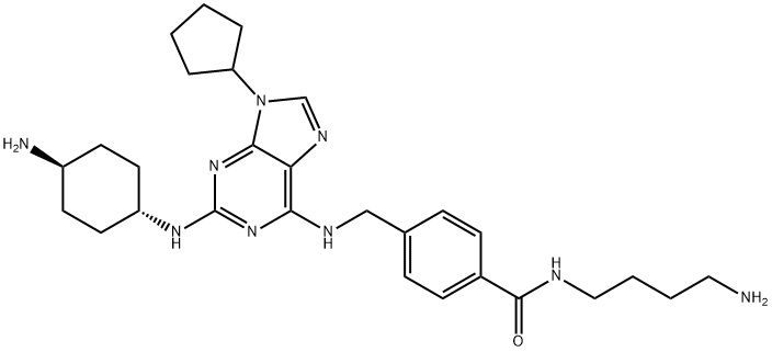 Benzamide, N-(4-aminobutyl)-4-[[[2-[(trans-4-aminocyclohexyl)amino]-9-cyclopentyl-9H-purin-6-yl]amino]methyl]- Struktur