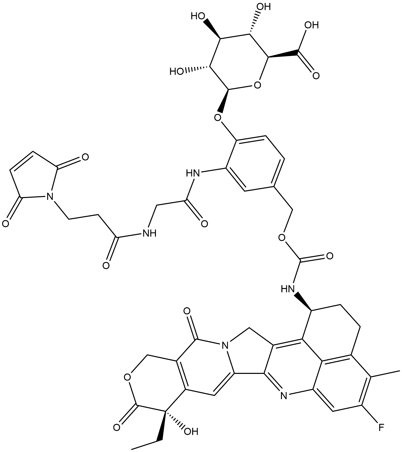 β-D-Glucopyranosiduronic acid, 2-[[2-[[3-(2,5-dihydro-2,5-dioxo-1H-pyrrol-1-yl)-1-oxopropyl]amino]acetyl]amino]-4-[[[[[(1S,9S)-9-ethyl-5-fluoro-2,3,9,10,13,15-hexahydro-9-hydroxy-4-methyl-10,13-dioxo-1H,12H-benzo[de]pyrano[3',4':6,7]indolizino[1,2-b]quinolin-1-yl]amino]carbonyl]oxy]methyl]phenyl Struktur