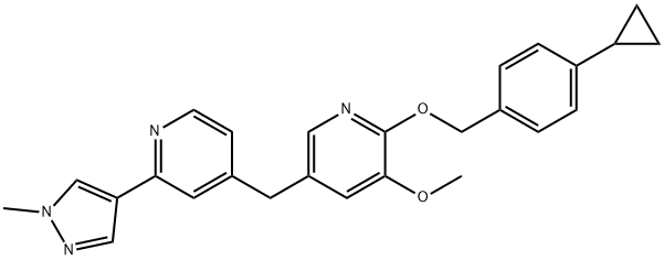 Pyridine, 2-[(4-cyclopropylphenyl)methoxy]-3-methoxy-5-[[2-(1-methyl-1H-pyrazol-4-yl)-4-pyridinyl]methyl]- Struktur